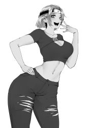 Rule 34 | 1girl, breasts, cleavage, commission, cowboy shot, crop top, denim, forehead protector, greyscale, hand on own hip, highres, jeans, medium breasts, midriff, monochrome, navel, norman maggot, original, pants, solo, standing, torn clothes, torn jeans, torn pants