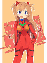 Rule 34 | 1girl, blue eyes, brown hair, colored eyelashes, cowboy shot, eyelashes, female focus, hand on own hip, hip focus, kanikama, legs apart, long hair, neon genesis evangelion, open mouth, orange background, outline, plugsuit, simple background, solo, souryuu asuka langley, standing, two side up, v-shaped eyebrows, very long hair, white outline