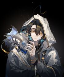 Rule 34 | 1boy, absurdres, arknights, bishounen, black background, black hair, blue hair, bracelet, chinese commentary, cloak, commentary request, creature, creature on shoulder, cross, dongsheng, dorsal fin, earrings, hair between eyes, highres, jewelry, lumen (arknights), male focus, multicolored hair, on shoulder, parted lips, pointy ears, ring, simple background, smile, two-tone hair, upper body, white cloak, yellow eyes