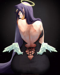 Rule 34 | 1girl, artist name, back, back focus, bare shoulders, black background, blue eyes, butt crack, clothing cutout, eyelashes, feathered wings, gradient hair, half-closed eyes, halo, highres, hololive, hololive english, inkspirate, light particles, long eyelashes, long hair, looking at viewer, looking back, low wings, mini wings, multicolored hair, ninomae ina&#039;nis, ninomae ina&#039;nis (1st costume), orange hair, pointy ears, purple hair, simple background, sitting, solo, tiara, virtual youtuber, wings