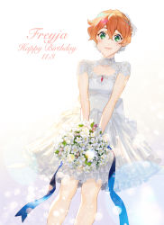 Rule 34 | 1girl, absurdres, blue ribbon, blush, bouquet, breasts, character name, dated, dress, flower, freyja wion, green eyes, hair between eyes, hair ornament, happy birthday, heart, heart hair ornament, highres, holding, holding bouquet, looking at viewer, macross, macross delta, mosako, orange hair, ribbon, sitting, small breasts, smile, solo, white dress, white flower