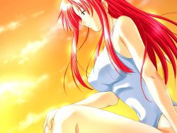 Rule 34 | 1girl, ayakaze ryuushou, black eyes, blue eyes, breasts, covered erect nipples, game cg, houjou elena, large breasts, legs, long hair, love split, non-web source, one-piece swimsuit, red hair, sitting, solo, sunset, swimsuit, thighs