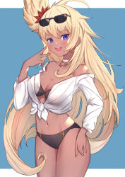 Rule 34 | 1girl, :d, bikini, blonde hair, blue background, blue eyes, blush, breasts, choker, collarbone, dark-skinned female, dark skin, eyewear on head, fangs, feathered wings, granblue fantasy, halluel (granblue fantasy), head wings, highres, large breasts, long hair, long sleeves, looking at viewer, navel, off shoulder, open mouth, shirt, simple background, smile, solo, standing, sunglasses, swimsuit, teeth, tied shirt, uneg, upper teeth only, v, very long hair, white choker, white shirt, wings