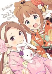 Rule 34 | 2023, 2girls, artist name, black ribbon, blush, bow, breasts, brown hair, closed mouth, commentary request, demirinz, dot nose, dutch angle, flower, green eyes, hairband, happy new year, highres, holding, holding stuffed toy, idolmaster, idolmaster (classic), idolmaster million live!, idolmaster million live! theater days, japanese clothes, kimono, long hair, long sleeves, looking at viewer, minase iori, multiple girls, new year, obi, obiage, obijime, open mouth, orange bow, orange flower, orange kimono, orange ribbon, pink bow, pink eyes, pink flower, pink kimono, plum blossom print, polka dot, polka dot ribbon, print kimono, red flower, ribbon, sash, simple background, small breasts, smile, stuffed animal, stuffed rabbit, stuffed toy, takatsuki yayoi, twintails, upper body, usa-chan (idolmaster), white background, white flower, white ribbon, wide sleeves, yellow bow, yellow hairband