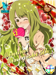 1girl akb0048 black_skirt box brown_jacket candy card_(medium) character_name chocolate chocolate_heart copyright_name cowboy_shot dutch_angle floating_hair food gift gift_box green_eyes green_hair hand_on_own_hip heart heart-shaped_box heart-shaped_food holding holding_gift jacket long_hair long_sleeves looking_at_viewer minamino_mikako non-web_source official_art one_eye_closed open_clothes open_jacket parted_lips plaid_background red_background shirt skirt solo sparkle star_(symbol) three_quarter_view treble_clef white_shirt