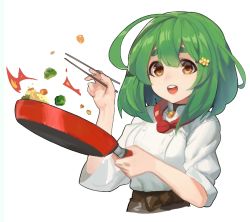 Rule 34 | 1girl, ahoge, breasts, buttons, choker, chopsticks, collared shirt, cooking, cropped legs, emphasis lines, eyes visible through hair, flipping food, flower, food, frying pan, green hair, hair between eyes, hair flower, hair ornament, hairpin, holding, holding chopsticks, holding frying pan, looking at viewer, medium breasts, open mouth, original, rang go, shirt, short sleeves, simple background, solo, teeth, thick eyebrows, upper teeth only, white background, yellow eyes