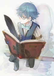 Rule 34 | 1boy, ahoge, arm belt, black-framed eyewear, black pants, blue bow, blue bowtie, blue eyes, blue hair, blue vest, book, bow, bowtie, closed mouth, commentary request, fate/extra, fate/extra ccc, fate/grand order, fate (series), feathers, glasses, hans christian andersen (fate), holding, holding book, light smile, long sleeves, looking away, looking to the side, male focus, mizutame tori, open book, pants, profile, rectangular eyewear, semi-rimless eyewear, shirt, signature, sitting, solo, striped clothes, striped shirt, under-rim eyewear, vertical-striped clothes, vertical-striped shirt, vest, white shirt, wing collar