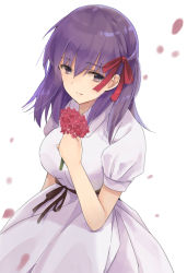 Rule 34 | 1girl, breasts, closed mouth, commentary request, dress, fate/stay night, fate (series), flower, hair ribbon, hand up, holding, holding flower, large breasts, looking at viewer, matou sakura, medium hair, official alternate costume, petals, puffy short sleeves, puffy sleeves, purple eyes, purple hair, red ribbon, ribbon, short sleeves, simple background, solo, tama (05728), upper body, white background, white dress