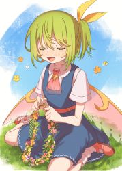Rule 34 | 1girl, absurdres, ascot, belt, blue dress, blush, closed eyes, daiyousei, dress, e sdss, fairy wings, flower wreath, green eyes, green hair, hair ribbon, highres, mary janes, one side up, open mouth, pink ascot, pink belt, pink footwear, ribbon, shirt, shoes, short sleeves, sitting, socks, solo, touhou, wariza, white shirt, white socks, wings, yellow ribbon
