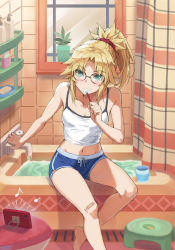Rule 34 | 1girl, bathtub, blonde hair, braid, breasts, brushing teeth, dolphin shorts, fate/apocrypha, fate (series), french braid, glasses, green eyes, hair ornament, hair scrunchie, highres, long hair, looking at viewer, mordred (fate), mordred (fate/apocrypha), mordred (memories at trifas) (fate), parted bangs, ponytail, scrunchie, shorts, sidelocks, sitting, small breasts, solo, tonee, toothbrush, toothbrush in mouth