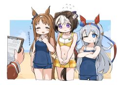 Rule 34 | 1other, 3girls, animal ears, bare shoulders, bikini, bikini skirt, blue eyes, blue one-piece swimsuit, blush stickers, breasts, brown hair, clipboard, closed eyes, closed mouth, cropped legs, crossed arms, ear down, flying sweatdrops, frown, grass wonder (umamusume), grey hair, hand up, highres, horse ears, horse girl, horse tail, long hair, multiple girls, one-piece swimsuit, one eye closed, open mouth, own hands together, school swimsuit, short hair, small breasts, smile, spawnfoxy, special week (umamusume), standing, sweatdrop, swimsuit, tail, tamamo cross (umamusume), tracen swimsuit, trainer (umamusume), translation request, umamusume, v arms, yellow bikini