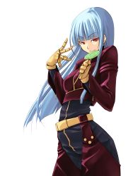 Rule 34 | 1girl, artist name, blue hair, bodysuit, breasts, candy, food, gloves, highres, kula diamond, lollipop, long hair, looking at viewer, red eyes, small breasts, smile, smug, snk, solo, swirl lollipop, the king of fighters, v