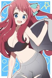Rule 34 | 1girl, ahoge, belly, black bra, blue eyes, bow, bra, breasts, commentary request, highres, hoken0309, large breasts, looking at viewer, minamoto sakura, open mouth, polka dot, polka dot bow, polka dot ribbon, red hair, ribbon, simple background, smile, solo, underwear, zombie land saga