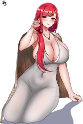 Rule 34 | 1girl, absurdres, blush, breasts, cleavage, dress, earrings, highres, hongryeon (last origin), jewelry, jungtong, last origin, mature female, mole, mole under eye, nail polish, purple eyes, red hair, red nails, see-through, side ponytail, simple background, skindentation, solo, white background, white dress