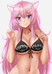 Rule 34 | 1girl, ahoge, animal ear fluff, animal ears, arms up, bare shoulders, bikini, black bikini, blush, breasts, cat ears, cat hair ornament, cleavage, clothes writing, collarbone, commission, hair between eyes, hair ornament, highres, kazenokaze, large breasts, long hair, looking at viewer, navel, nyatasha nyanners, pink hair, purple eyes, simple background, smile, solo, swimsuit, tongue, tongue out, upper body, virtual youtuber, vshojo, white background