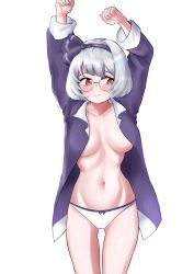 Rule 34 | 1girl, adapted costume, arms up, bad id, bad pixiv id, black hairband, black pajamas, black ribbon, bob cut, breasts, closed mouth, collarbone, commentary request, commission, cowboy shot, glasses, hair ribbon, hairband, highres, konpaku youmu, midriff, navel, no bra, no pants, open mouth, pajamas, red eyes, ribbon, ribbon panties, round eyewear, short hair, silver hair, small breasts, stomach, taeminhyeon, touhou, unbuttoned