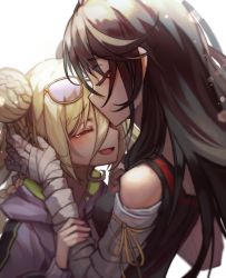 Rule 34 | 2girls, absurdres, alternate costume, black hair, blonde hair, crying, gilmang, height difference, highres, kiss, kissing forehead, long hair, magilou (tales), md5 mismatch, multiple girls, resolution mismatch, source smaller, sunglasses, tales of (series), tales of berseria, velvet crowe, yuri