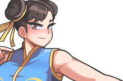 Rule 34 | 1girl, alternate costume, brown eyes, brown hair, capcom, chun-li, double bun, earrings, face, fighting stance, hair bun, highres, jewelry, korean text, looking at viewer, sagas293, smile, solo, stance, street fighter, street fighter zero (series), unfinished