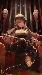 Rule 34 | 1girl, absurdres, arknights, biting, boots, chair, dragon girl, dragon horns, dragon tail, ear piercing, gloves, grey hair, hat, highres, hitokoto, holding, holding weapon, horns, long hair, military, military hat, military uniform, official alternate costume, orange eyes, piercing, prison, saria (arknights), saria (the law) (arknights), sitting, solo, tail, uniform, weapon