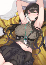 Rule 34 | 1girl, absurdres, armpits, arms behind head, arms up, bike shorts, black hair, black shorts, black skirt, brown sweater, commission, girls&#039; frontline, heterochromia, highres, jacket, long hair, low twintails, lying, miniskirt, multicolored hair, navel, on back, pleated skirt, red eyes, ro635 (girls&#039; frontline), ro635 (mod3) (girls&#039; frontline), shitamichi, shorts, shorts under skirt, skeb commission, skirt, sleeveless, sleeveless sweater, solo, streaked hair, sweater, twintails, white hair, yellow eyes, yellow jacket