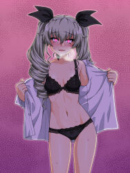 Rule 34 | 1girl, anchovy (girls und panzer), black bra, black panties, blush, bra, breasts, collarbone, drill hair, girls und panzer, green hair, hair ribbon, lingerie, long hair, looking at viewer, navel, oosaka kanagawa, open mouth, panties, pink background, ribbon, shirt, simple background, small breasts, smile, solo, sweat, twin drills, underwear, undressing, white shirt