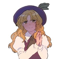 Rule 34 | ascot, bad id, bad pixiv id, blonde hair, brown hat, brown vest, closed mouth, collared shirt, fedora, frilled hat, frilled shirt collar, frills, green ascot, happy, hat, hat feather, jacket girl (dipp), juliet sleeves, long hair, long sleeves, looking at viewer, nekolina, own hands clasped, own hands together, parted bangs, puffy sleeves, shirt, simple background, smile, solo, touhou, upper body, very long hair, vest, white background, white shirt, yellow eyes