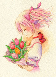 Rule 34 | 1girl, beige background, bouquet, choker, closed eyes, closed mouth, commentary request, cropped torso, eyelashes, flat chest, flower, frilled sleeves, frills, from side, gradient background, hair ribbon, happy, head tilt, holding, holding bouquet, kaname madoka, leaf, light blush, light smile, mahou shoujo madoka magica, mahou shoujo madoka magica (anime), nape, orange background, orange flower, painting (medium), pink flower, pink hair, pink ribbon, profile, puffy short sleeves, puffy sleeves, ran do, red choker, red flower, red neckwear, red ribbon, ribbon, ribbon choker, short sleeves, short twintails, simple background, solo, soul gem, traditional media, tulip, twintails, watercolor (medium)