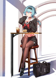 Rule 34 | 1044080555, 1girl, absurdres, alternate costume, bag, black choker, black footwear, black serafuku, black shirt, black skirt, blue hair, bow, bowtie, brown pantyhose, cake, cake slice, chinese commentary, choker, commentary request, corrupted metadata, cup, disposable cup, eula (genshin impact), food, full body, genshin impact, hair between eyes, hairband, highres, loafers, long hair, long sleeves, looking at viewer, midriff, miniskirt, navel, on chair, pantyhose, pleated skirt, red bow, red bowtie, red eyes, sailor collar, school uniform, serafuku, shirt, shoes, sitting, skirt, solo, table, white sailor collar