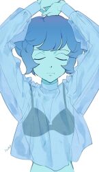 Rule 34 | 1girl, arms up, bikini, black bikini, blue eyes, blue hair, blue skin, closed eyes, closed mouth, colored skin, commentary request, facing viewer, highres, lapis lazuli (steven universe), nano8, see-through, see-through shirt, short hair, signature, simple background, solo, steven universe, swimsuit, upper body, white background