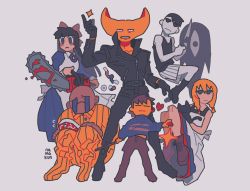 Rule 34 | 1other, 2girls, 3boys, :&lt;, animal, artist name, aya drevis, bald, black cat, black hair, black jacket, black legwear, black pants, blush stickers, bow, cat, chainsaw, commentary, crossover, crying, dress, english commentary, frisk (undertale), full body, hair bow, highres, holding, holding animal, holding cat, holding chainsaw, holding knife, holding stick, hylics, jacket, knife, mad father, majo no ie, multiple boys, multiple girls, namaqun, omori, omori (omori), pale skin, pants, phillip (space funeral), something (omori), space funeral, standing, stick, streaming tears, tears, undertale, viola (majo no ie), wayne (hylics), white dress