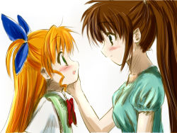 Rule 34 | 00s, 2girls, bad id, bad pixiv id, blue ribbon, blush, bow, bowtie, eye contact, hair ribbon, hand on another&#039;s cheek, hand on another&#039;s face, kohinore, looking at another, lyrical nanoha, mahou shoujo lyrical nanoha, mahou shoujo lyrical nanoha strikers, mother and daughter, multiple girls, ponytail, red bow, red bowtie, ribbon, school uniform, side ponytail, simple background, takamachi nanoha, vivio, white background