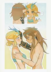 Rule 34 | 1boy, 1girl, antlers, black skin, blonde hair, blush, bra, breasts, brown hair, cleavage, colored skin, dragon tail, eye contact, from side, green bra, green eyes, hand on another&#039;s head, highres, horns, light dragon (zelda), link, long hair, looking at another, medium breasts, nintendo, nude, outline, parted bangs, pointy ears, princess zelda, shoulder tattoo, shuo yue, spoilers, tail, tattoo, the legend of zelda, the legend of zelda: tears of the kingdom, underwear, upper body, wavy mouth, white outline