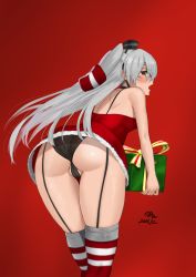 Rule 34 | 1girl, absurdres, amatsukaze (kancolle), black panties, blush, box, c-da, christmas, dress, fang, feet out of frame, garter straps, gift, gift box, hair between eyes, hair tubes, highres, holding, holding gift, kantai collection, long hair, looking back, open mouth, panties, red background, red dress, red thighhighs, santa costume, silver hair, skin fang, solo, thighhighs, two side up, underwear, yellow eyes