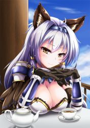 Rule 34 | 10s, 1girl, animal ears, black gloves, blush, breasts, cleavage, cloud, cup, day, erune, gloves, granblue fantasy, heles, interlocked fingers, large breasts, long hair, looking at viewer, loussier666, silver hair, sky, smile, solo, teacup, yellow eyes