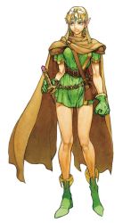 Rule 34 | 1girl, blonde hair, breasts, clenched hand, dungeons &amp; dragons: shadow over mystara, dungeons &amp; dragons, elf, gloves, green eyes, green gloves, highres, holding, holding sword, holding weapon, korean commentary, lucia (d&amp;d), medium breasts, pointy ears, solo, sword, third-party source, weapon, white background, y frt