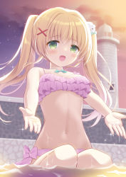 Rule 34 | 1girl, :d, bare arms, bare shoulders, bikini, blonde hair, blush, commentary request, frilled bikini, frills, green eyes, hair between eyes, hair ornament, hairclip, highres, hoshimame mana, lighthouse, long hair, looking at viewer, navel, open mouth, outdoors, pink bikini, smile, solo, summer pockets, sunset, swimsuit, tsumugi wenders, twintails, very long hair, water, x hair ornament