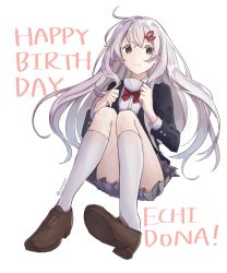 Rule 34 | 10s, 1girl, blazer, bow, character name, closed mouth, collared shirt, colored eyelashes, cup, echidna (re:zero), full body, grey eyes, hair between eyes, hair ornament, hairclip, hands up, happy birthday, highres, holding, holding cup, jacket, kneehighs, light smile, loafers, long hair, looking at viewer, re:zero kara hajimeru isekai seikatsu, red bow, school uniform, shirt, shoes, silver hair, simple background, socks, solo, teacup, thighs, twitter username, white background, white shirt, white socks, yuzouni