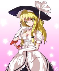 Rule 34 | 1girl, alphes (style), blonde hair, braid, breasts, cleavage, dress, elbow gloves, female focus, gloves, hair ribbon, hat, hat ribbon, invincible marisa, kaoru (gensou yuugen-an), kirisame marisa, mushroom, new super marisa land, aged up, parody, puffy sleeves, ribbon, side braid, single braid, solo, star (symbol), style parody, touhou, white gloves, witch, witch hat, yellow eyes