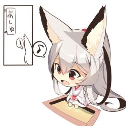 Rule 34 | !, 1girl, :d, animal ear fluff, animal ears, blush, chibi, commentary request, eighth note, fox ears, fox girl, fox tail, hair between eyes, japanese clothes, kimono, long hair, long sleeves, musical note, obi, open mouth, original, ponytail, red eyes, sash, sidelocks, sign, silver hair, sitting, smile, soaking feet, spoken exclamation mark, spoken musical note, tail, translation request, very long hair, water, white background, white kimono, wide sleeves, yuuji (yukimimi)