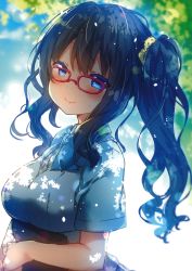 Rule 34 | 1girl, absurdres, aqua bow, aqua bowtie, blue hair, blue shirt, blue sky, blurry, blurry background, blush, book, bow, bowtie, breasts, closed mouth, colored eyelashes, day, eyebrows, glasses, hair ornament, hair scrunchie, highres, holding, holding book, light particles, long hair, medium breasts, original, outdoors, own hands together, red-framed eyewear, riichu, scrunchie, shirt, side ponytail, sky, smile, solo, tree, upper body