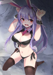 Rule 34 | 1girl, absurdres, animal ears, arms up, bare shoulders, between breasts, black bra, black panties, black thighhighs, blush, bra, breasts, buttons, cleavage, commentary request, embarrassed, eyelashes, frilled bra, frills, groin, highres, light purple hair, looking to the side, navel, necktie, necktie between breasts, on floor, panties, rabbit ears, rabbit pose, rabbit tail, red eyes, red necktie, reisen udongein inaba, sidelocks, sitting, slit pupils, solo, stomach, tail, tetsurou (fe+), thighhighs, touhou, underwear, wall, wavy mouth, wing collar, wrist cuffs