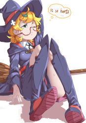 Rule 34 | 1girl, ;s, bad id, bad pixiv id, blonde hair, boots, break761, broom, brown-framed eyewear, commentary request, crooked eyewear, english text, engrish text, freckles, glasses, green eyes, hat, highres, knee boots, little witch academia, lotte jansson, luna nova school uniform, one eye closed, pain, ranguage, school uniform, semi-rimless eyewear, short hair, simple background, sitting, solo, tearing up, thought bubble, under-rim eyewear, white background, wide sleeves, witch, witch hat