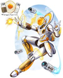 Rule 34 | absurdres, android, cloud, flying, fried egg, full body, highres, hologram, joints, no humans, original, personification, robot, robot joints, semmya ori, solo