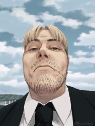 Rule 34 | 1boy, black jacket, black necktie, blonde hair, blue sky, chainsaw man, close-up, cloud, cloudy sky, collared shirt, facial hair, graveyard, highres, jacket, kishibe (chainsaw man), looking at viewer, meme, necktie, outdoors, pocketbee, shirt, short hair, sky, solo, stitched mouth, stitches, stubble, tombstone, twitter username, white shirt