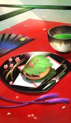 cherry_blossoms commentary cup day drink fate/grand_order fate_(series) folding_fan food food_focus hand_fan kashiwa_mochi_(food) mochi no_humans official_art petals plate still_life sunlight tatami tawawa_minoru third-party_source yunomi