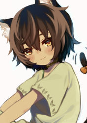 Rule 34 | 1boy, animal ear fluff, animal ears, bad id, bad pixiv id, blush, brown hair, cat ears, cat girl, cat tail, great kichi, looking at viewer, male focus, pop-up story, ribbon, short hair, simple background, solo, suzuna isurugi, tail, tail ornament, tail ribbon, white background, yellow eyes