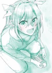 Rule 34 | 1girl, alternate costume, aqua theme, blush, breasts, cleavage, collarbone, commentary, hair between eyes, hair over shoulder, hair ribbon, highres, kantai collection, long hair, long sleeves, looking at viewer, looking up, monochrome, multiple monochrome, on one knee, open mouth, pants, ribbed shirt, ribbon, round teeth, shirt, shoes, sidelocks, solo, teeth, tone (kancolle), twintails, tying shoes, yami (m31)
