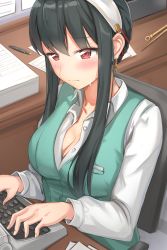 Rule 34 | 1girl, absurdres, black hair, blouse, blush, breasts, chair, cleavage, closed mouth, collared shirt, desk, earrings, eru (aeeu2243), gold earrings, green vest, hairband, highres, jewelry, medium breasts, office chair, office lady, paper, partially unbuttoned, pen, raised eyebrows, red eyes, shirt, sitting, solo, spy x family, sweatdrop, swivel chair, typewriter, typing, upper body, vest, white hairband, white shirt, yor briar