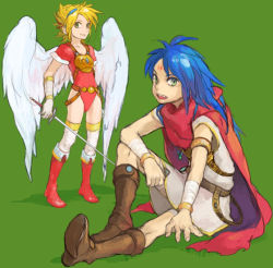 Rule 34 | 1boy, 1girl, angel wings, armor, blonde hair, blue hair, boots, breath of fire, breath of fire i, capcom, green background, green eyes, knee boots, leotard, nina (breath of fire i), red leotard, ryuu (breath of fire i), sword, thighhighs, weapon, white wings, wings