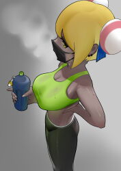 Rule 34 | 1girl, absurdres, ass, blonde hair, bottle, breasts, dark-skinned female, dark skin, double bun, ear piercing, fingernails, from above, green eyes, green sports bra, grey background, gyaru, hair bun, highres, holding, holding bottle, kogal, large breasts, looking at viewer, looking to the side, mask, monster energy, mouth mask, original, pants, piercing, short hair, simple background, solo, sports bra, steam, sweat, tan, water bottle, workout clothes, zhaod